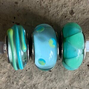 PANDORA Silver and Murano Blue Green Glass Beads (RETIRED)